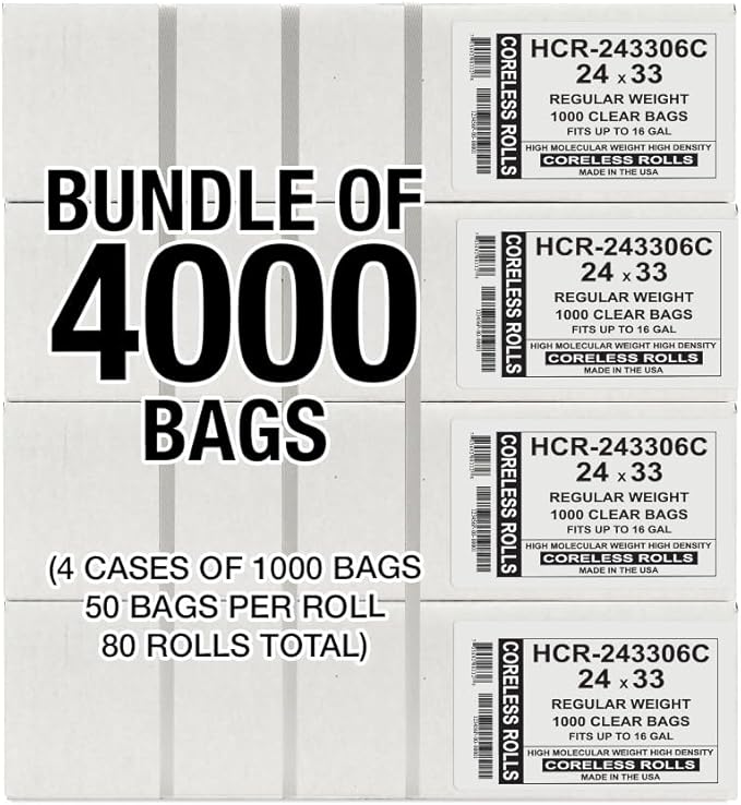 Aluf Plastics High Density Trash Bags, 16 Gallon, 4000 Count, 6 Micron (eq), 24" x 33", Clear, for Bathroom, Office, Industrial, Commercial, Janitorial, Municipal, Recycling