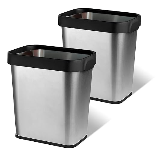 2 Pack Stainless Steel Trash Can 2 Gallon, Open Top Trash Can, 7" x 10" x 11", Rectangle Rubbish Bin, Slim and Narrow, No Lid Small Wastebasketfor Kitchen, Bathroom, Living Room, Office