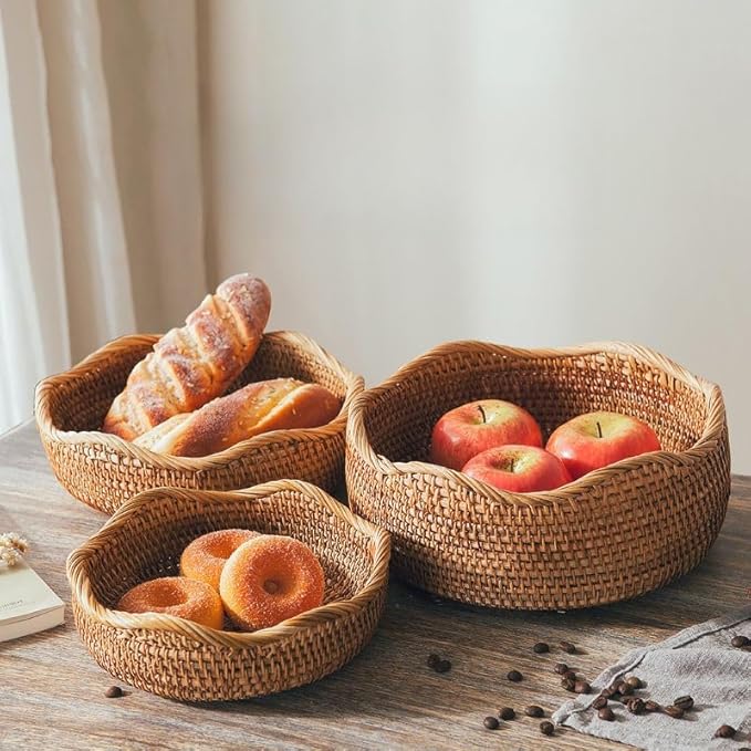 Rattan Bread Basket, Hand Woven Fruit Basket, Wicker Serving Basket Bowl, Decorative Baskets for Kitchen Counter Organizing, Set of 3 (Wave)