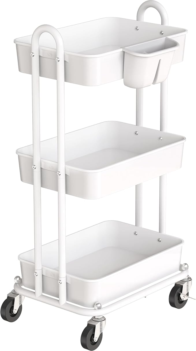 Simple Houseware 3-Tier Multifunctional Rolling Utility Cart with Hanging Bucket, White