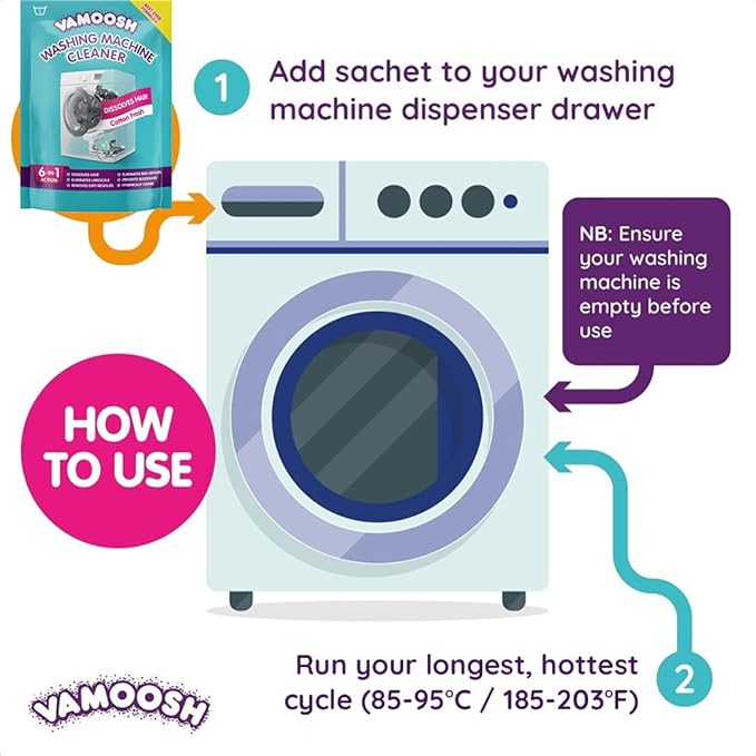 Vamoosh 6-in-1 Washing Machine Cleaner | Dissolves Pet Hair | Prevents Blockage | Grapefruit Scent | Removes Limescale | Deep Clean | Eliminates Odor | Made in the UK | 150g (Pack of 2)