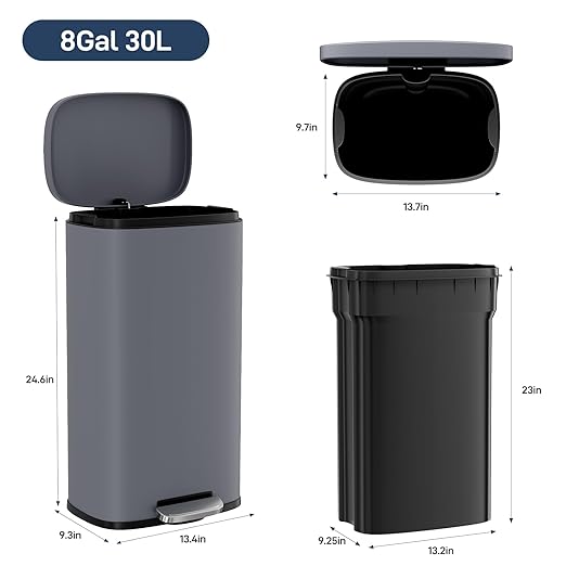 Arlopu 8 Gallon Step Trash Can, Stainless Steel Garbage Bin, Soft-Close Rubbish Bin with Removable Plastic Inner Bucket, Fingerprint-Proof, Lid Dustbin, Suit for Kitchen Home (Grey, 30L)