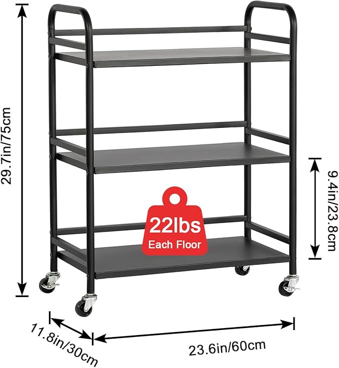 HDANI 3 Tier Metal Utility Multipurpose Rolling Cart,Large Capacity Heavy Duty Cart with Lockable Wheels Rolling Cart with 2 Lockable Wheels for Home,Office,Kitchen,Bathroom,Bedroom(Black)