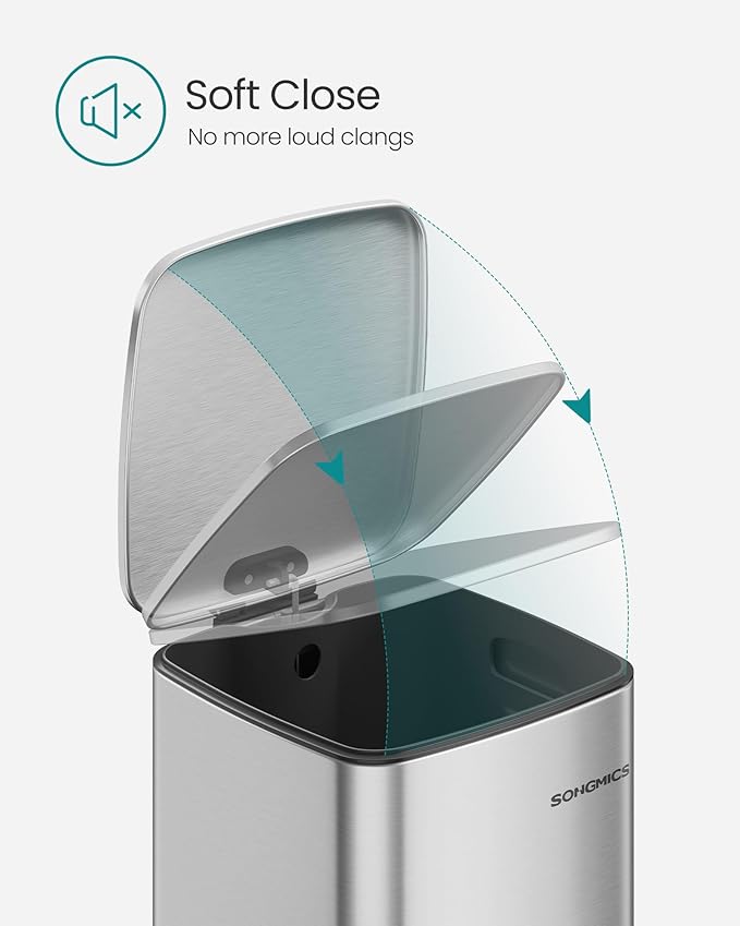 SONGMICS Kitchen Trash Can, 5.2-Gallon (20 L) Trash Bin, Stainless Steel Garbage Can, with Inner Bucket, Soft Close and Stays Open, Metallic Silver ULTB592E01