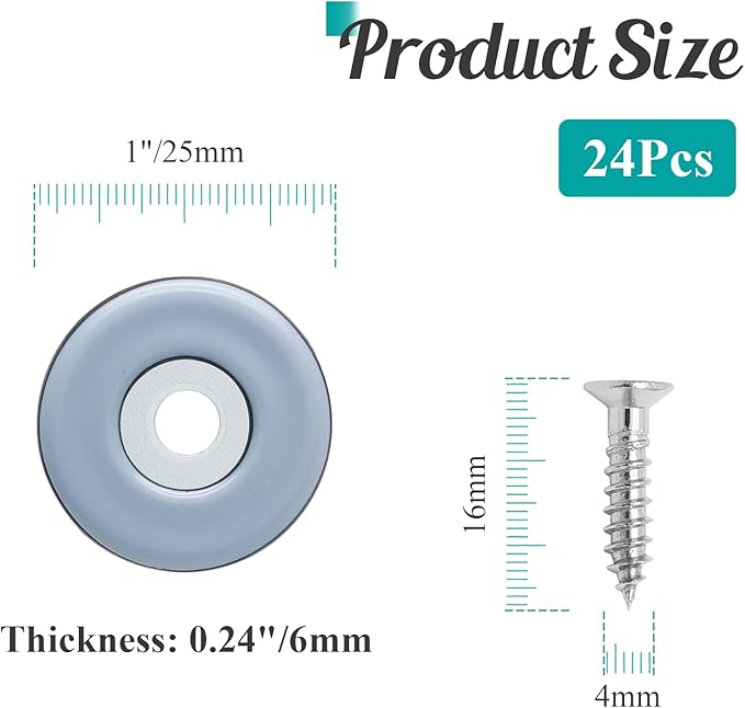 24pcs 1" (25mm) Screw on Furniture Sliders, Teflon Chair Leg Slides, Round Furniture Glides with Screws for Hardwood Floors Protectors (Gray/Black)