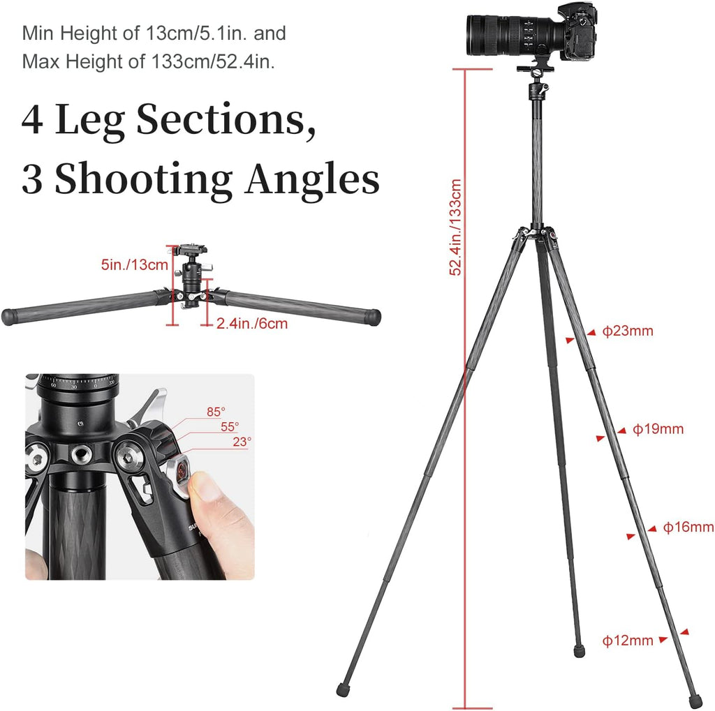 TT2340CE 4-Sections Carbon Fiber Travel Tripod for Ipad, Phone, DSLR Camera, Ideal for vlog Photography, Compact Travel Tripod Lightweight, Small and Short, with 25mm Ball Head