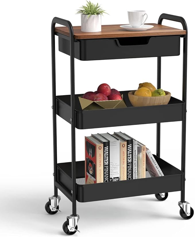 3 Tier Rolling Cart with Drawer, Metal Utility Cart on Wheels Storage Cart with Wood Top, Kitchen Cart Art Cart Organizer for Bathroom Office Balcony Living Room