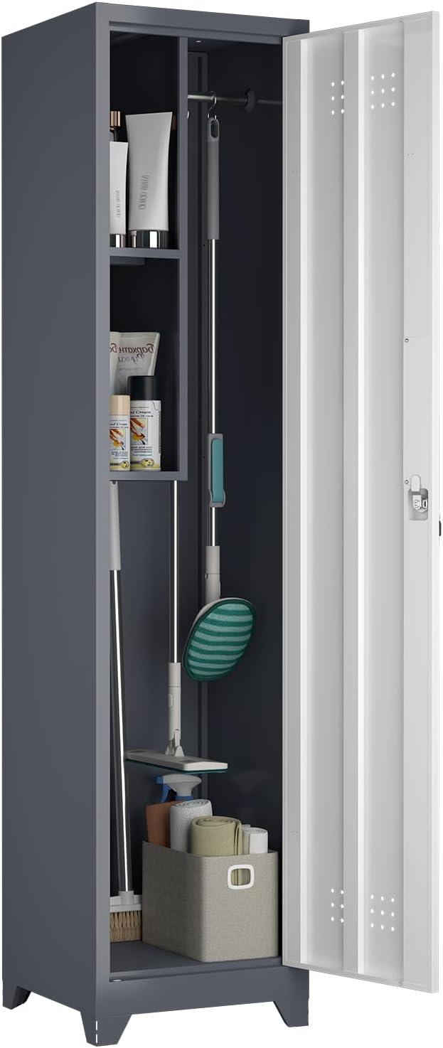 Metal Broom Storage Cabinets, Narrow Cabinet with Hooks, 65" Slim Bathroom Storage Cabinet with Shelves, Heavy-Duty Cleaning Cabinets for Utility Room, Gym, Office, Garage