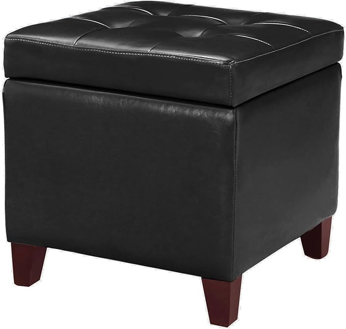 Adeco Storage Ottoman Foot Rest Stool, Leather Ottoman Footstool with Wood Legs and Hinged Lid, 18" Small Foot Stool Bench for Living Room, Bedroom, Black