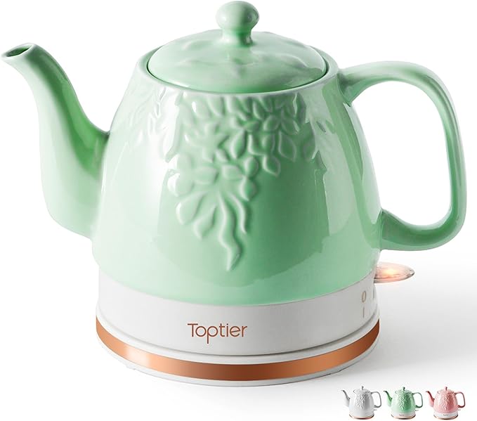 Toptier Electric Ceramic Tea Kettle, Boil Water Quickly and Easily, Detachable Swivel Base & Boil Dry Protection, Carefree Auto Shut Off, 1 L, Green Leaf