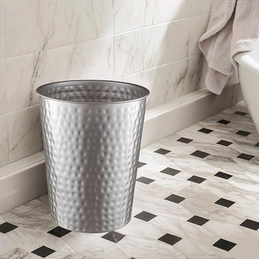 Monarch Abode Pewter Hand Hammered Metal Wastebasket for Home Office Bedroom, Decorative Waste Basket, Modern Bathroom Garbage Can, Durable & Decorative Trash Bin, Pewter Bathroom Trash Can