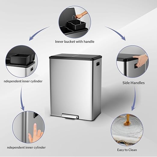 GarveeHome Step Dual Trash Can, 60L/16 Gallon Recycle Bins with Lid, 2 Removable Wastebusket, Step Pedal, Large Stainless Steel Double Trash Bin for Kitchen, Bathroom