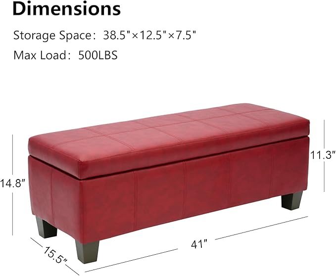 Faux Leather Ottoman with Storage, Rectangular Extra Long Storage Bench for Bedroom and Living Room, Midnight Red