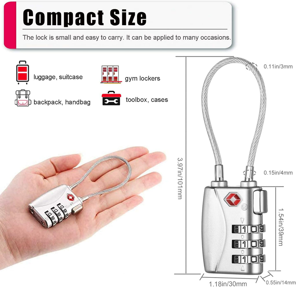 ZHEGE TSA Wire Lock 2 Pack Cable Luggage Lock with Alloy Body for Suitcase, Baggage, Backpack, Pistol Case (Silver)