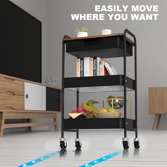 3 Tier Rolling Cart with Drawer, Metal Utility Cart on Wheels Storage Cart with Wood Top, Kitchen Cart Art Cart Organizer for Bathroom Office Balcony Living Room