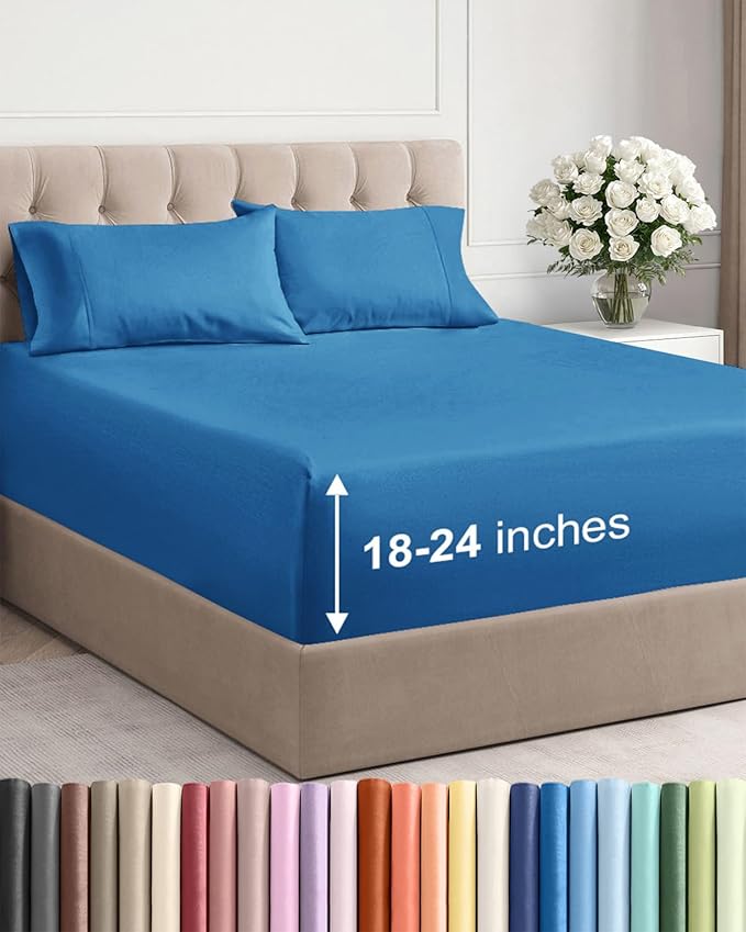 Extra Deep Pocket Queen Sheet Set - 4 Piece Breathable & Cooling Bed Sheets - Hotel Luxury Sheet Set - Soft, Wrinkle Free & Comfy - Easily Fits Extra Deep Mattresses - Deep Pocket Denim Blue Sheets