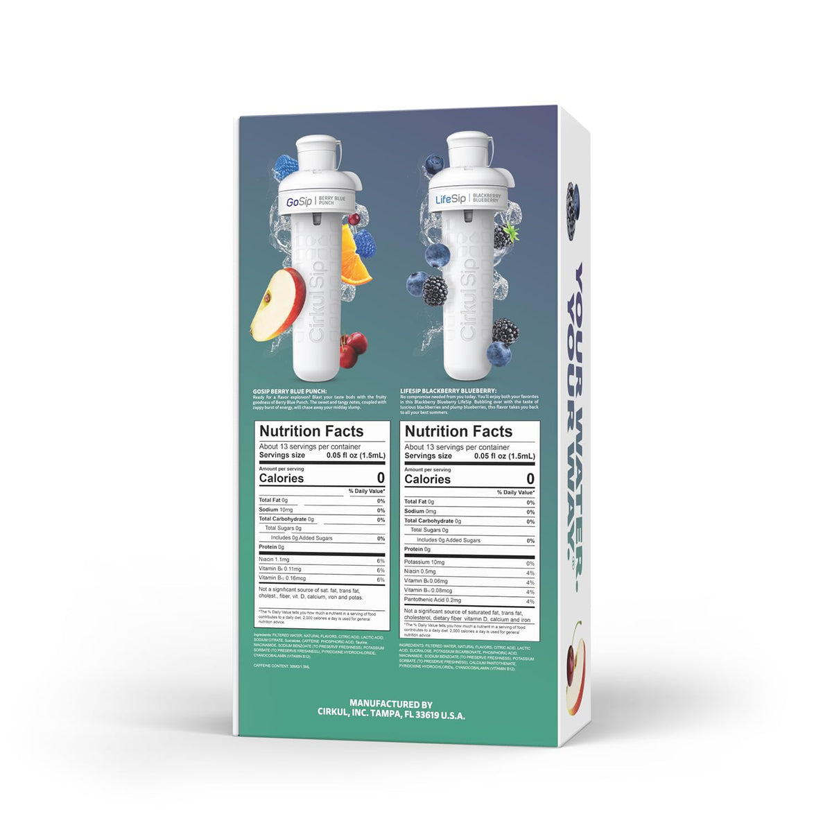 Cirkul 32oz. Chameleon Stainless Steel Water Bottle Starter Kit with Green Lid, 2 Flavor Cartridges (1 LifeSip Blackberry Blueberry, 1 GoSip Berry Blue Punch) No Sugar, Zero Calorie Drink Mix