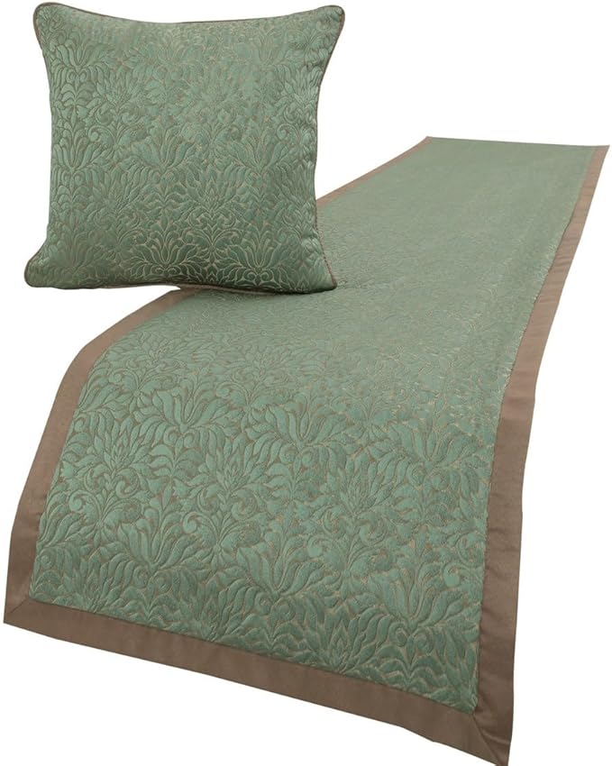 The HomeCentric King/Queen/Twin Blue & Beige Decorative CA King 86"x18" Bed Runner with Pillow Cover, Damask Bed Scarf on Jacquard Fabric - Arabella