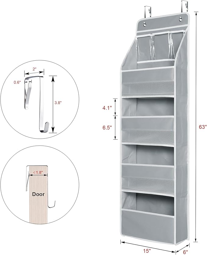 Univivi 5-Shelf Fabric Door Storage Over Door Hanging Organizer with 4 Large Pockets and 3 Small PVC Pockets Nursery Closet Cabinet Wall Mount Hanging Storage Organizers for Baby Nursery (Grey)