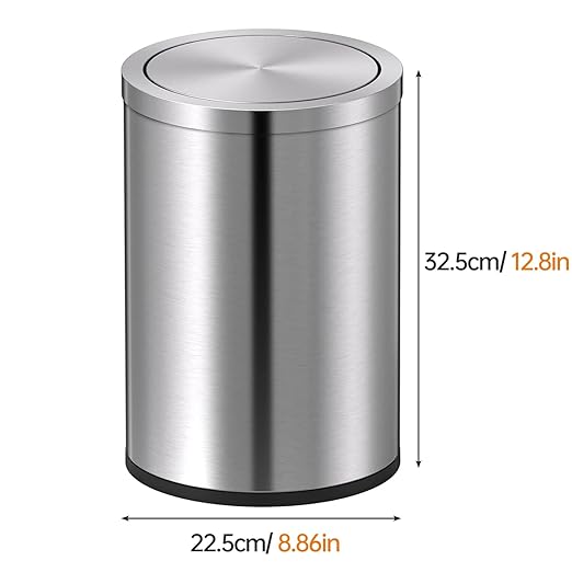 Mbillion Small Trash Can with Swing Lid 4 Gallons/15 Liter, Mini Trash Can with lid, Stainless Steel Cylindrical Garbage Can for Home and Office, for Ground and Desktop(Brushed Silver)