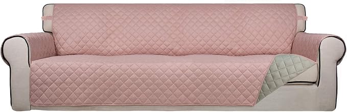 PureFit Reversible Quilted Sofa Cover, Water Resistant Slipcover Furniture Protector, Washable Couch Cover with Non Slip and Elastic Straps for Kids, Dogs, Pets (XX Large, Pink/Beige)