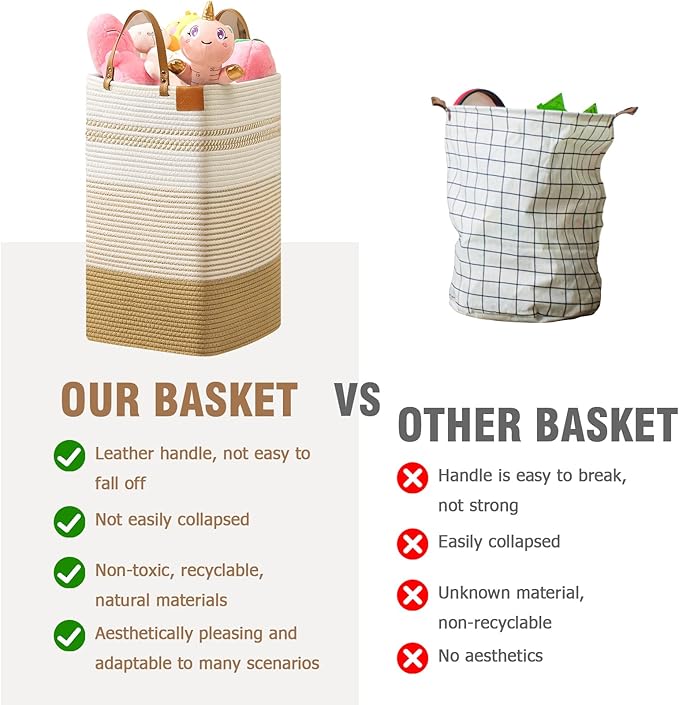 danpinera Large Laundry Hamper – 75L Tall Woven Cotton Storage Basket with Leather Handles, Slim Dirty Clothes Hamper, Decorative Storage Basket for Blanket,Toys White & Jute