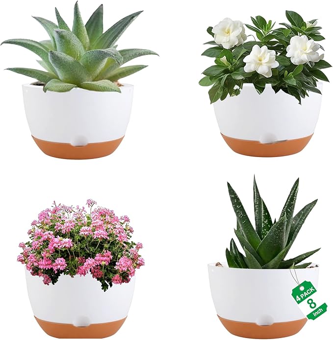 4 Pack Self Watering Pots for Indoor,8 Inch Plant Pot Outdoor Plastic Flower Pot with Drainage and Saucers(White)
