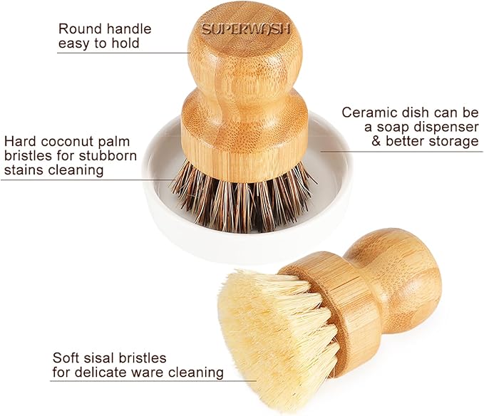 Bamboo Scrub Brush Clean Pan, Dish and Vegetable, Natural Bristles Palm Pot Brush 4 Pack Round Mini Dish Brush with Ceramic Holder for Kitchen Sink Cleaning