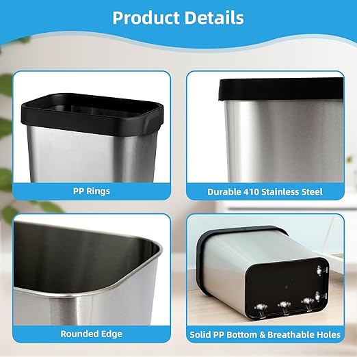 2 Pack Stainless Steel Trash Can 2 Gallon, Open Top Trash Can, 7" x 10" x 11", Rectangle Rubbish Bin, Slim and Narrow, No Lid Small Wastebasketfor Kitchen, Bathroom, Living Room, Office