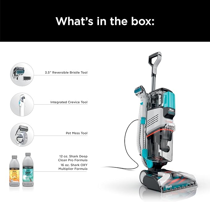 Shark CarpetXpert with StainStriker Upright Carpet, Area Rug & Upholstery Cleaner with Pet Mess Extractor Tool, Perfect for Pets, Carpet Shampooer, 3 Cleaning Tools, Cleaning Solutions, White, EX201