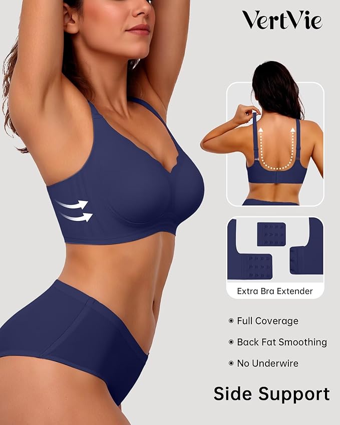 Vertvie Womens Seamless Bras No Underwire Supportive Wireless Push Up Full Coverage Bralette Comfort Scalloped T-Shirt Bra