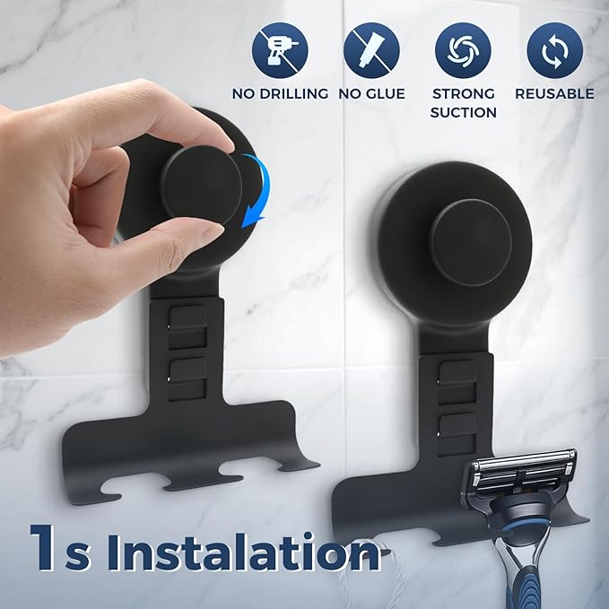 Suction Cup Razor Holder for Shower Wall 2 Pack,Heavy-Duty 15lbs Suction Hooks for Razor,Towel,Phone,Loofah, Removable Damage-Free Metal Shower Hook,Shaver Holder(Black)