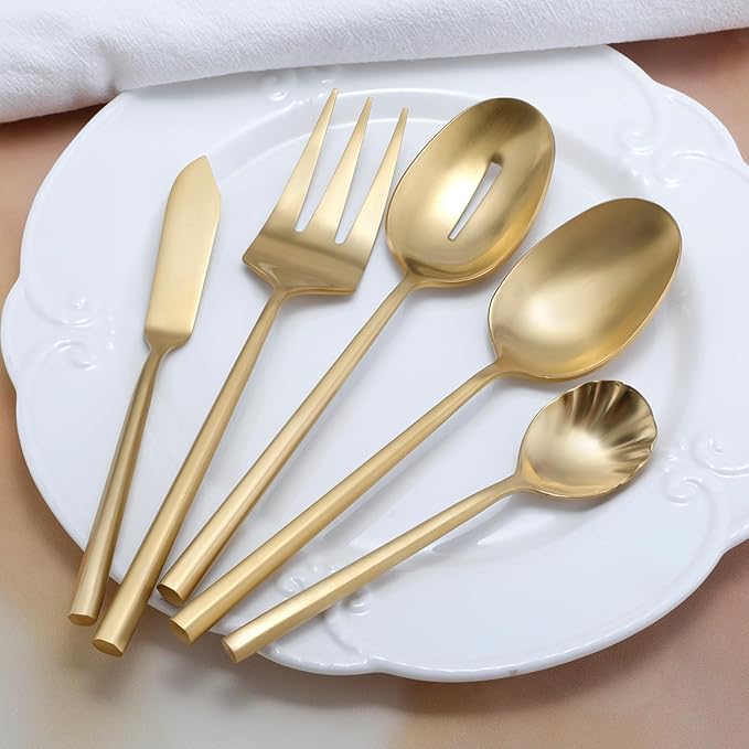 DEACORY Silverware Set with Serving Utensil Set Matte Gold Flatware Set Hand Forged Stainless Steel Cutlery Set 45 Pieces Matte Finished Hexagon Handle Service for 8, DE1004