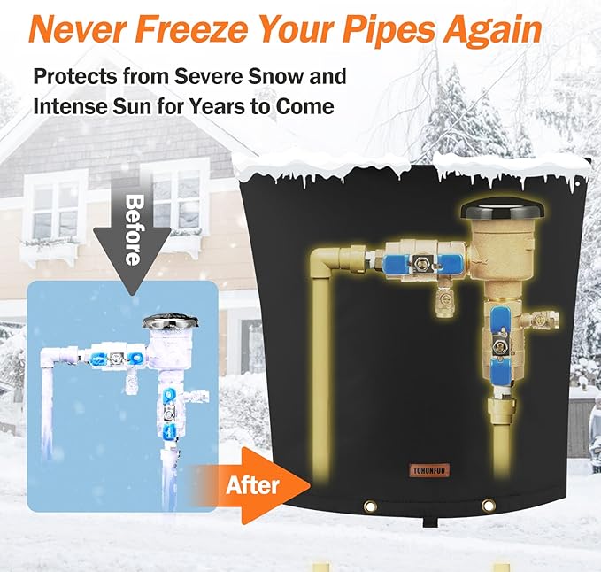 TOHONFOO Backflow Preventer Pipe Insulation Cover (5°F) - Irrigation Sprinkler Valve Insulated Pouch - Water Well Pump Cover - Sturdy 5 Layers for Winter Freeze Protection, 24" W x 26" H, Black