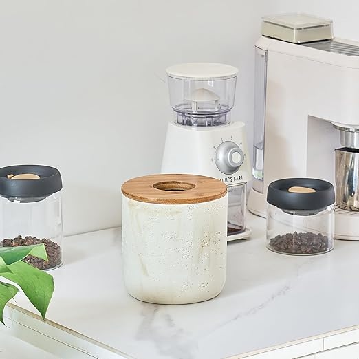 Natural Travertine Textures Beige Mini Trash Can with Bamboo Lid,Small Countertop Trash Can for Bathroom, Kitchen, Vanity, Desk Trash Can,Table Top Mini Garbage Can for Dining Room, Tiny Waste Basket