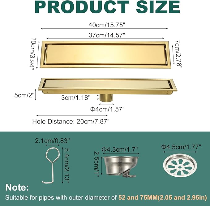 uxcell Rectangular Shower Drain, Brushed 304 Stainless Steel Odor-Proof Floor Drain Linear Shower Drain Hair Catcher for Bathroom Kitchen and Laundry Room(16 Inch, Gold)