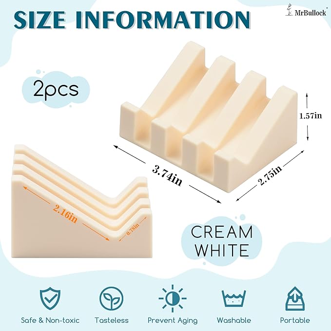 Silicone Soap Dish for Bar Soap Holder for Shower Bathroom Self Draining Waterfall Drying Tray Keep Soap Bars Dry Clean & Easy Cleaning (Cream White, 2)