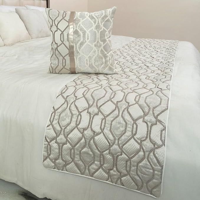 The HomeCentric King/Queen/Twin Ivory & Silver Decorative King 90"x18" Bed Runner Without Pillow Cover, Lattice & Quilted Bed Scarf on Jacquard Silk Fabric - Ivory Delicacy
