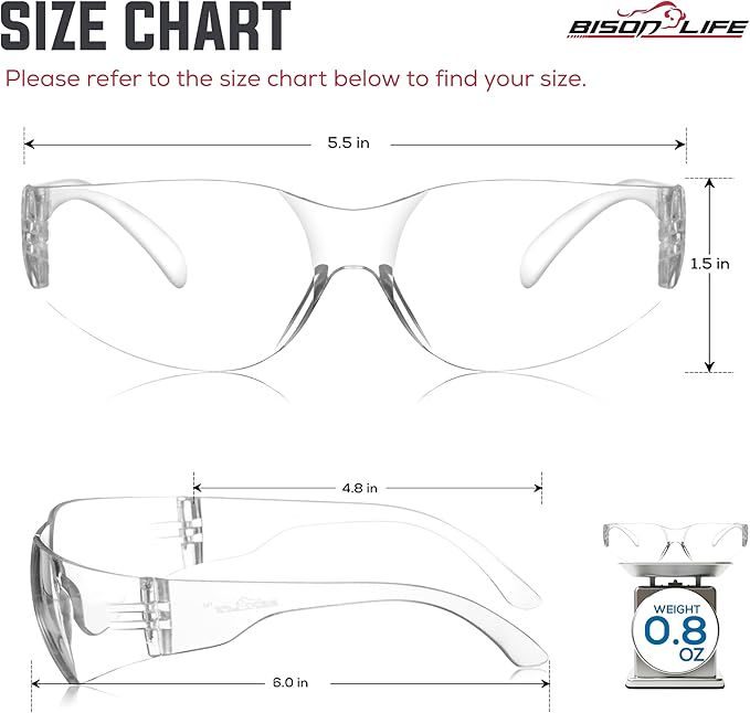BISON LIFE Safety Glasses - Scratch Resistant Wrap Around Eyewear, Polycarbonate ANSI Z87.1 Impact Resistant Lens