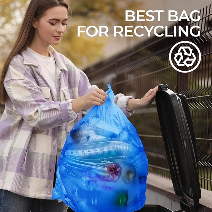 ToughBag 13 Gallon Recycling Bags, Blue Trash Bags (300 COUNT) - Blue Recycle Bags, Recycle Trash Bags 13 Gallon Tall Kitchen - Made in USA