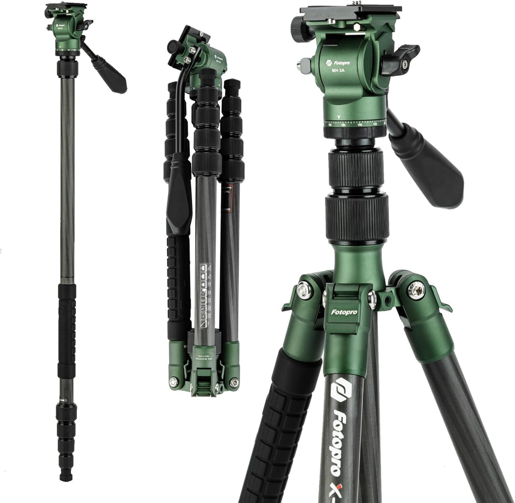 Fotopro 59" Carbon Fiber Travel Tripod, Compact Video Tripods with Fluid Head, Detachable Monopod with Quick Release Plate and Bag, Camera Tripod Load up to 8KG/17.63lbs, Green