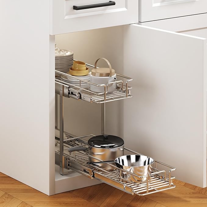 2 Tier Individual Pull Out Cabinet Organizer 9" W x 21½" D, Heavy Duty Cabinet Pull Out Shelves, Slide Out Drawers Organization for Kitchen Cabinets Bathroom