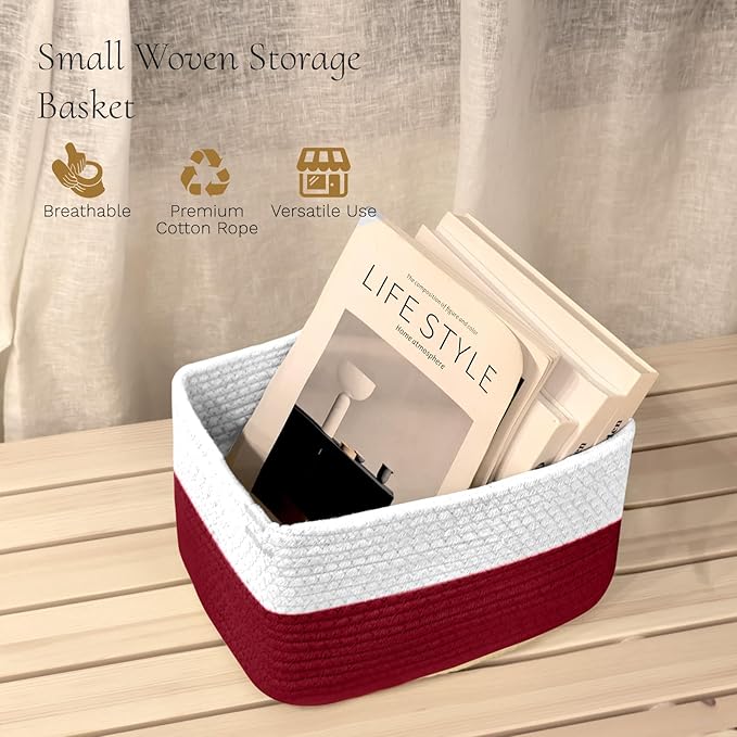 Hopegiver Woven Storage Baskets 11x8x7 Inch, 3 Pack Collapsible Cube Storage Bin for Shelves - Foldable Cotton Rope Organizer Bins for Towels, Toys, Books, Closet, Nursery (White Red)