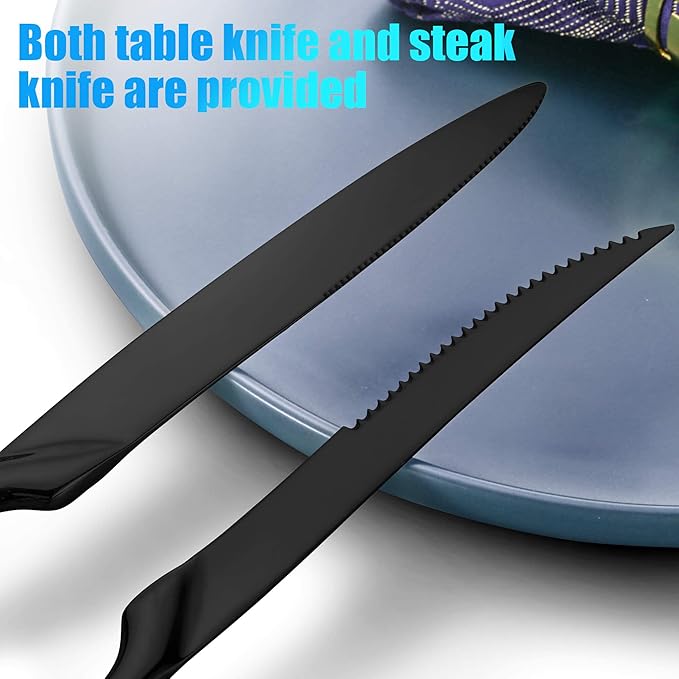 Lemeya 24-Piece Black Silverware Set with Steak Knives,Forged 18/10 Stainless Steel Cutlery Set for 4,Modern Heavy Duty Flatware Utensils Set,Fork Spoon and Knives Set, Mirror Polished,Dishwasher Safe