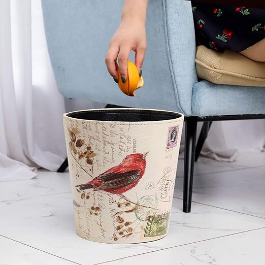 PU Leather Small Trash Can Wastebasket, Round Garbage Container Basket for Bathrooms, Laundry Room, Kitchens, Offices, Kids Rooms, Bedrooms,Dorms,Home Decorative Art Bin, 2.9 Gallon(Bird Design)