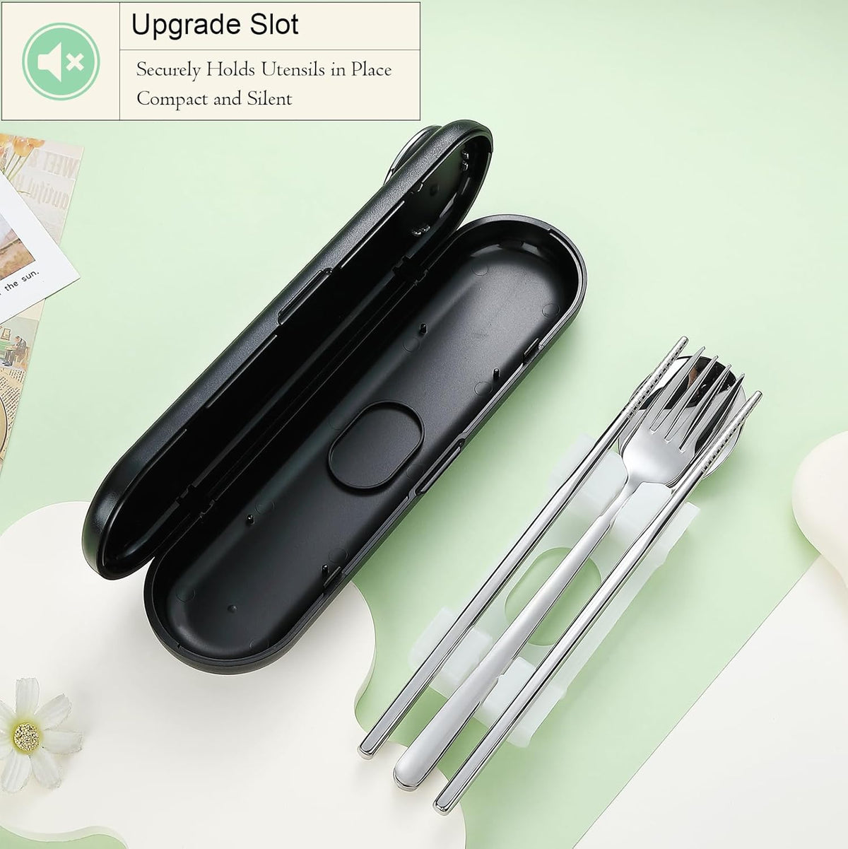 DEVICO Travel Utensils with Case Cute, Reusable Silverware for Lunch, Portable Cutlery Set, 18/8 Stainless Steel Fork Spoon Chopsticks in Cartoon Case, Dishwasher Safe (Black)