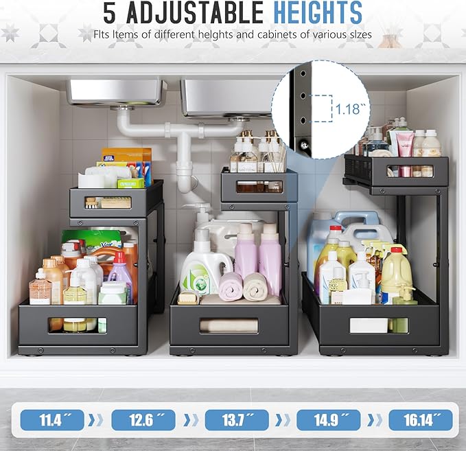 1 Pack 19IN Depth Under Sink Storage Organizer, Large 2-Tier Elegant Mesh Pull Out Shelf for Kitchen and Bathroom Cabinet Organization, L-Shaped and Adjustable Height Design-Black