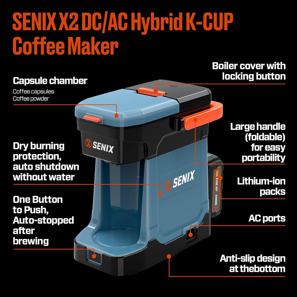 SENIX Coffee Maker, Portable Coffee Machine, 2-in-1 20V 5.0 Ah Battery, Charger & Power Cord, Compatible with K-Cups, Ground, Pods, 8oz Brew Size - for Travel, Camping, Job Site, RV, Home (CMX2-M4)