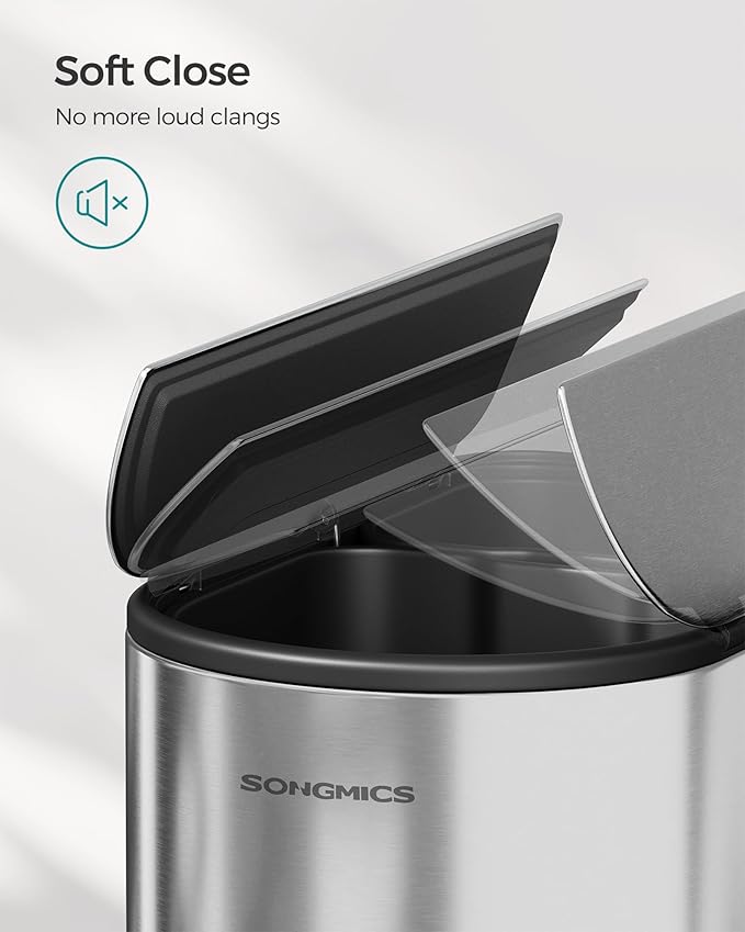 SONGMICS 13-Gallon Dual Kitchen Trash Can, 5.3 and 8 Gallon Compartments, Garbage Can with Wing Lids, Stainless Steel, Soft Close, Inner Buckets, Metallic Silver ULTB570E50