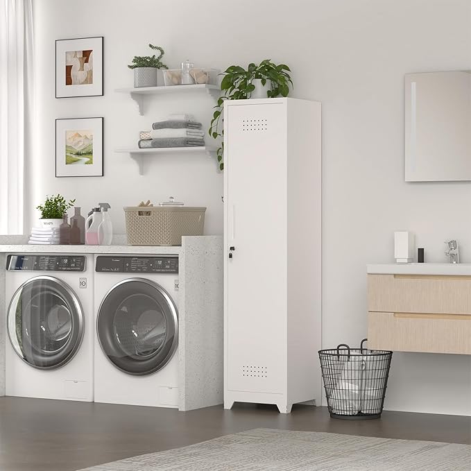 Slim Broom Storage Cabinets, Metal Cabinet with Shelves and Hanging Rod, 65" Utility Storage Cabinet with Locking Door, Tall Cleaning Cabinets for Kitchen, Pantry, Office, Shop, Garage